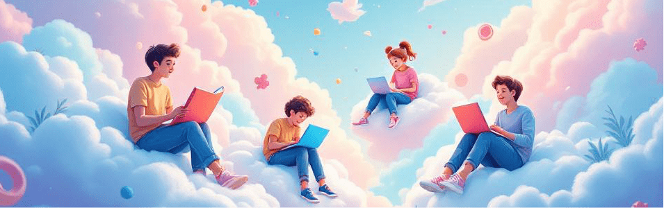 Дети с книгами в облаках