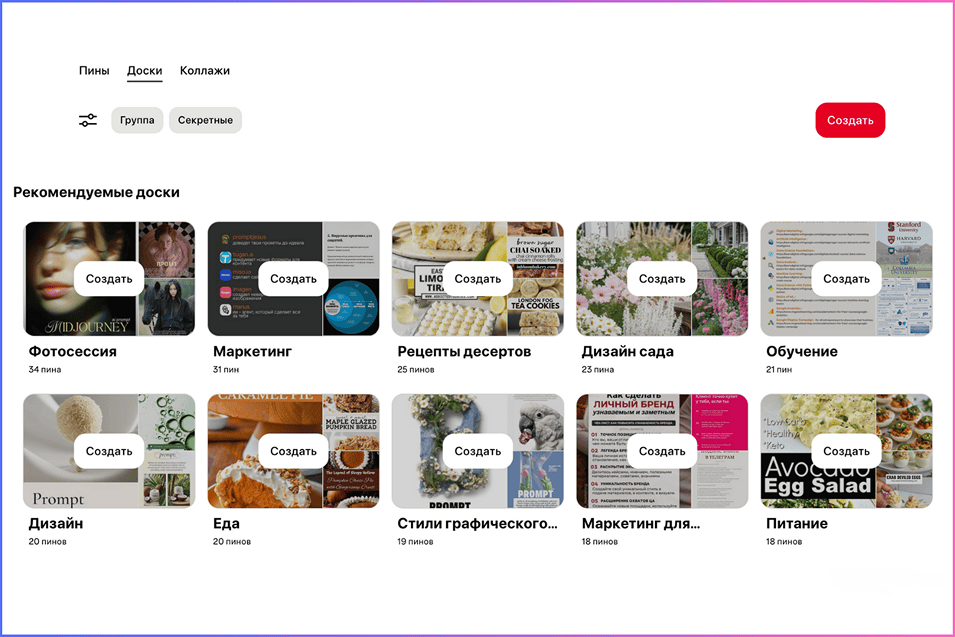 Каналы Пинтерест на разные темы