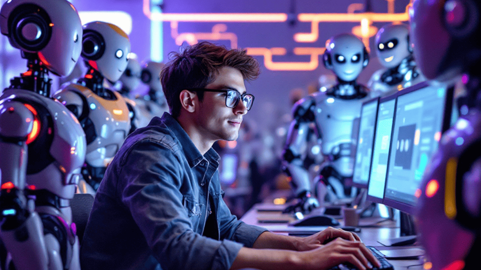 Парень перед монитором компьютера в окружении роботов