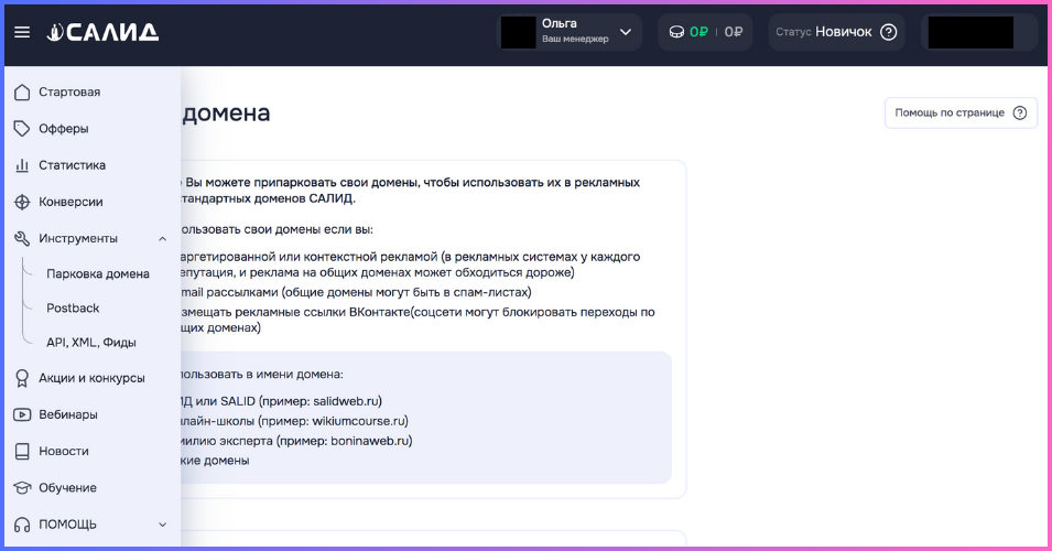 Раздел Парковка домена в ЛК Партнёра САЛИД